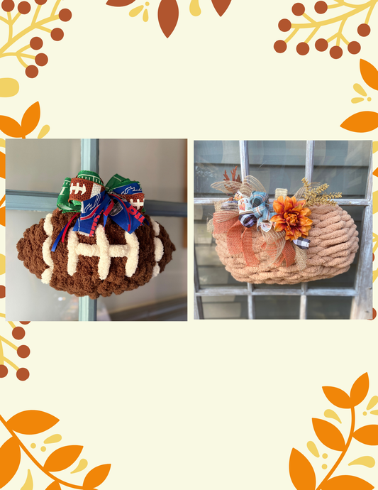 Chunky Yarn Wreath Workshop: Bills Football OR Pumpkin Wreath . Thursday October 8 . First Line Brewing