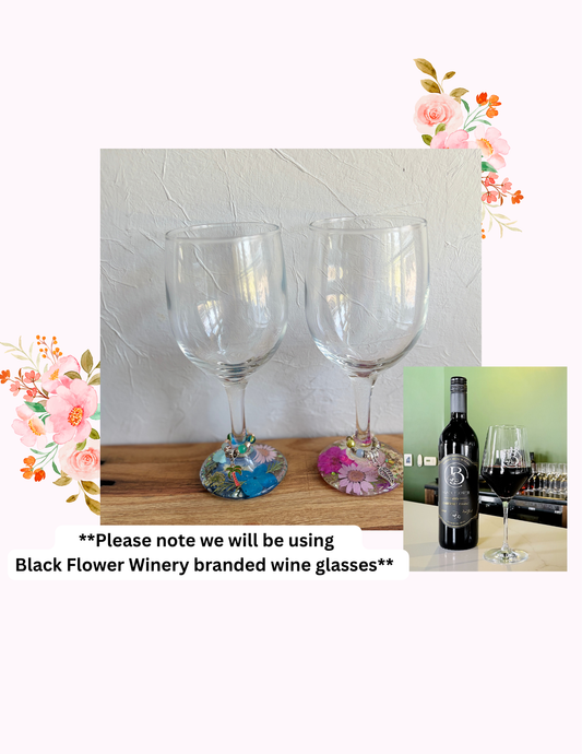 Pressed Flower Wine Glasses & Beaded Wine Charms Workshop . Saturday July 11 . Black Flower Wine & Provisions